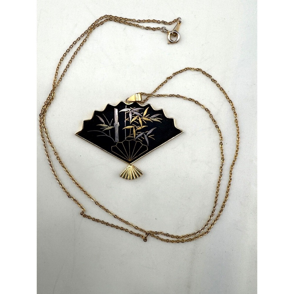 Amita Japanese Fan Necklace‎ Pendant Gold Tone Signed  26"